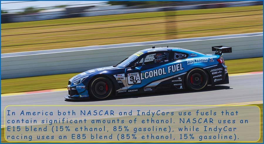 A race car that run on a fuel containing a large proportion of alcohol.